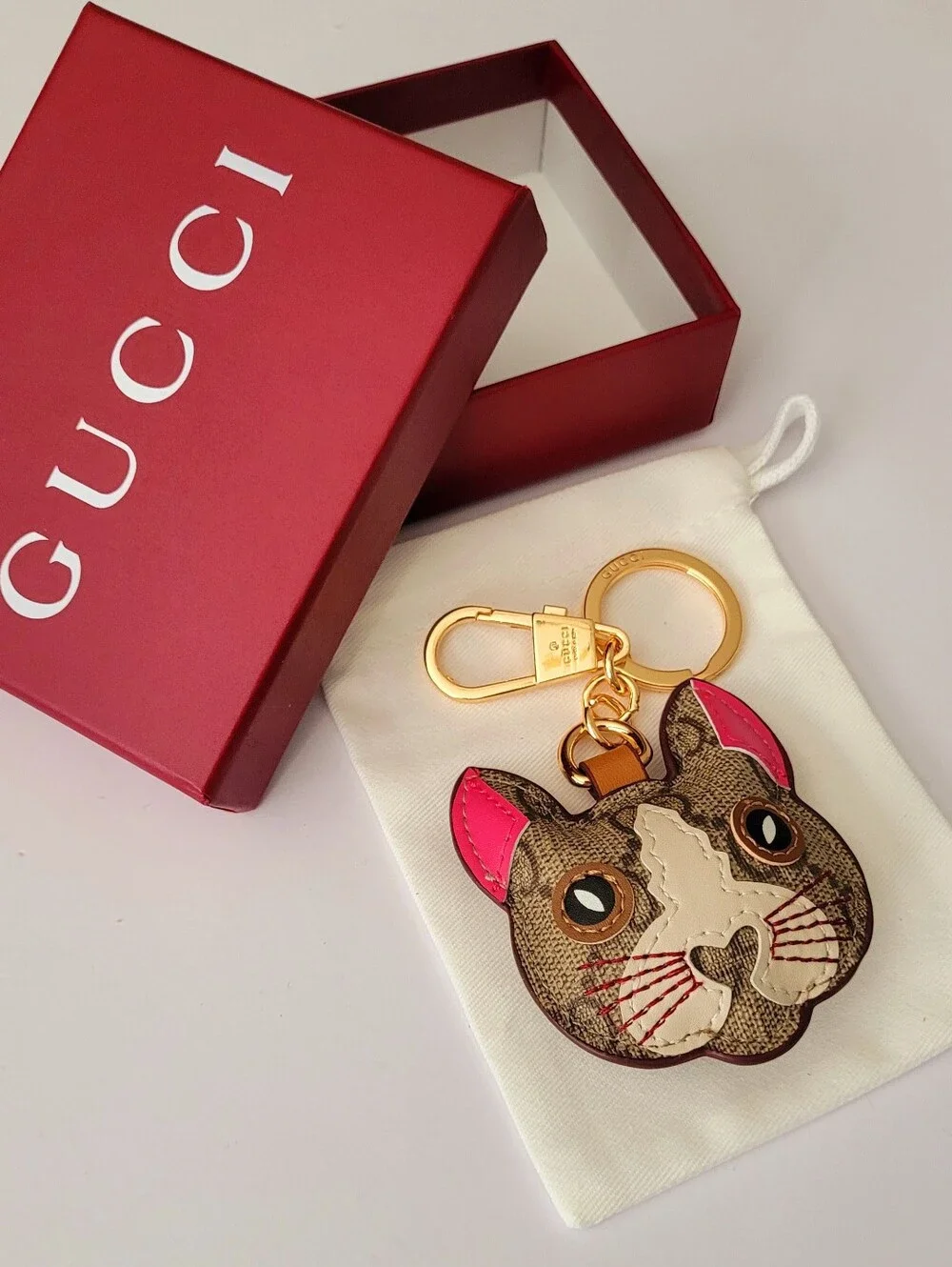 🇮🇹 Gucci Brown & Pink✨️ Cat Face Keyring✨️ with Gold Hardware🇮🇹